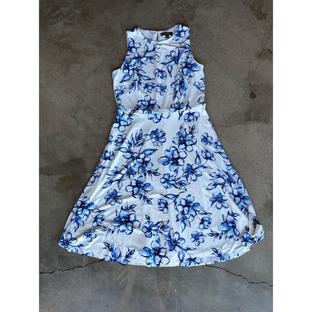 Lauren Ralph Lauren Blue White Homecoming Floral Fit Flare Sleeveless Size 12